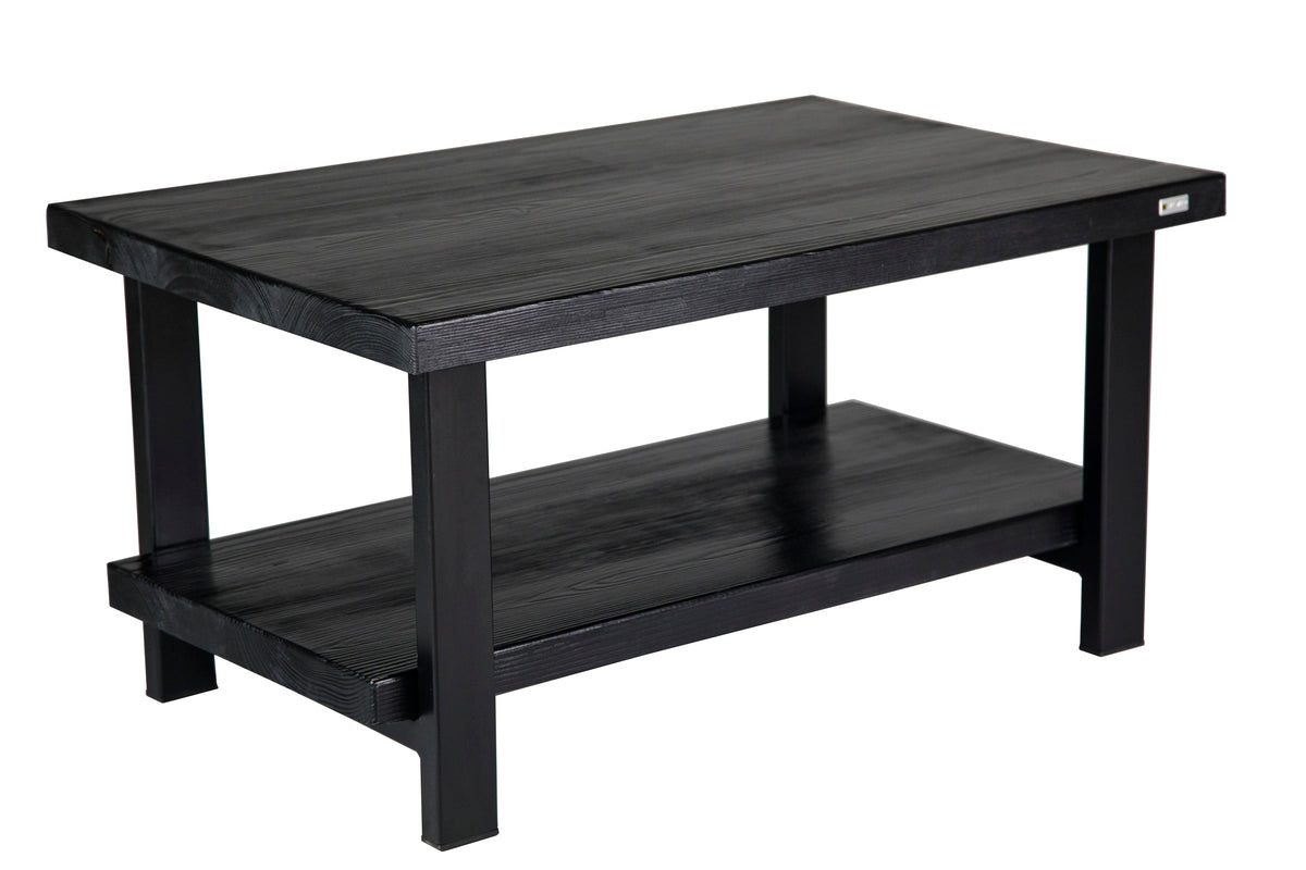 Black double decker coffee table with two levels for added storage and a sleek, contemporary design.