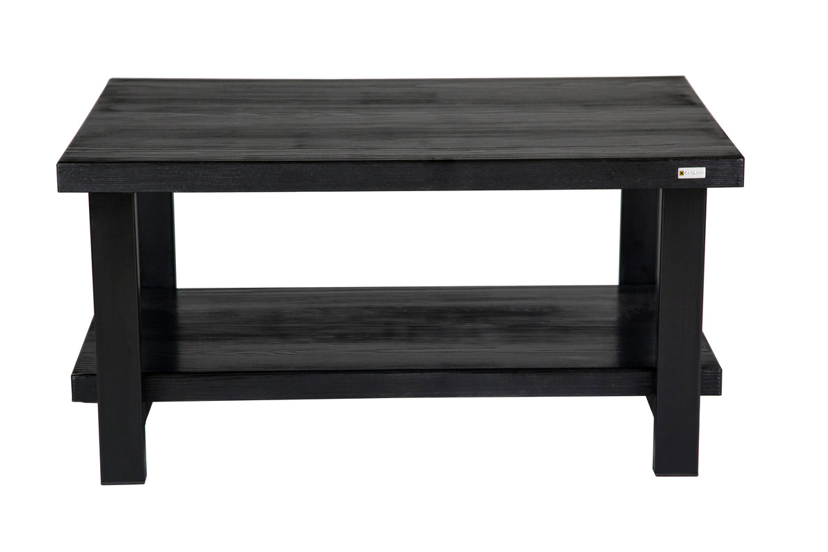 Black double decker coffee table with two levels for added storage and a sleek, contemporary design.
