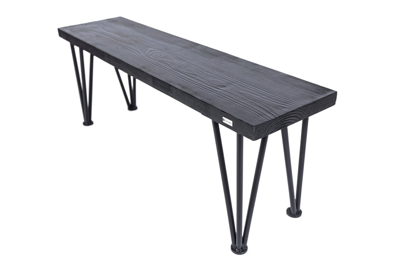 Black hairpin bench with a minimalist design, featuring sleek metal legs and a simple wooden seat for modern style.