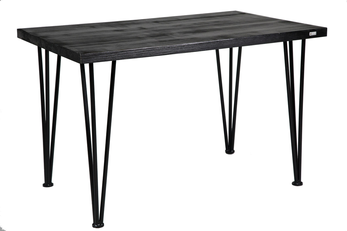 Black hairpin spruce desk with sleek metal legs and a natural wood surface, combining modern and rustic styles.