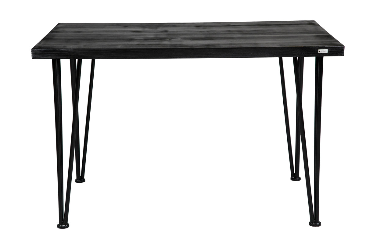 Black hairpin spruce desk with sleek metal legs and a natural wood surface, combining modern and rustic styles.