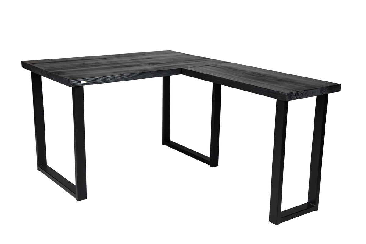 Black spruce corner office desk with a modern design, offering ample workspace and a space-saving L-shape.