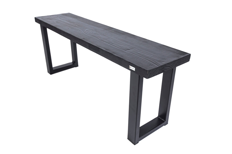 Black wooden spruce bench with a clean, modern design and sturdy legs, perfect for both indoor and outdoor spaces.