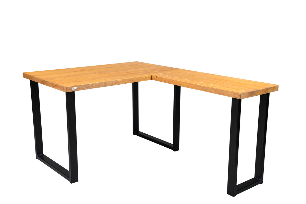 Brown spruce corner office desk with a spacious work surface and a sleek, modern design for any workspace.