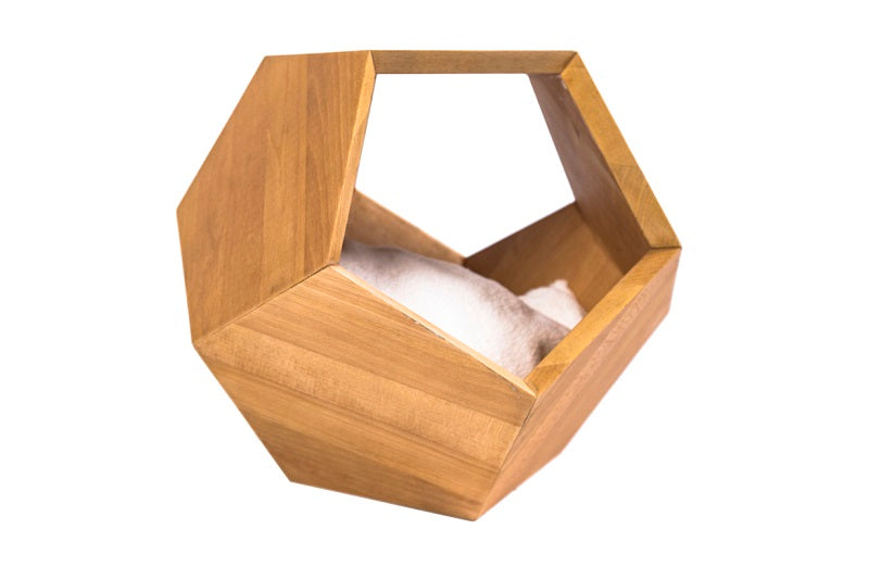 Geometric pentagon wooden cat cave with a unique design, providing a cozy and stylish hideaway for your cat.