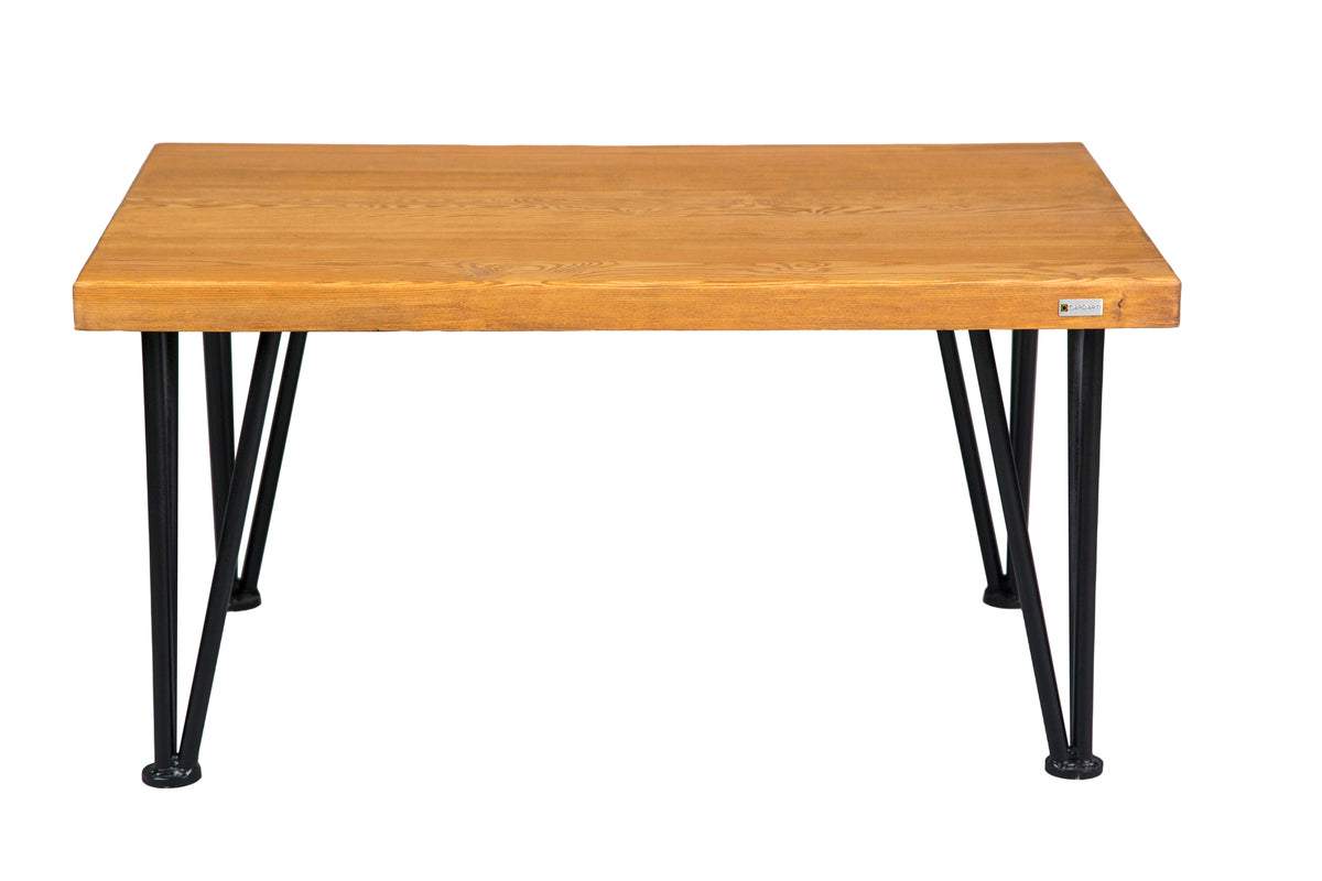 Hairpin spruce coffee table with a natural wood surface and stylish metal legs for a contemporary look.