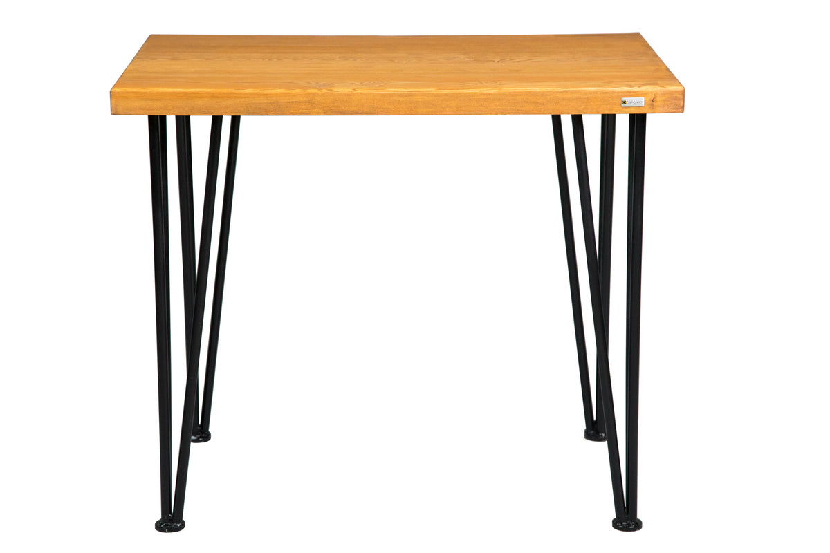 Hairpin spruce desk with sleek metal legs and a natural wood finish for a modern, minimalist look.