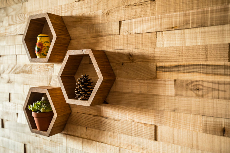 Hexagon wooden floating shelves with a sleek design, perfect for displaying decor in a modern, stylish way.