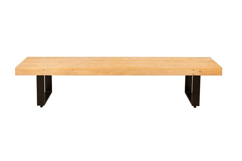 Larch wood outdoor table set with benches, natural finish and sturdy black metal legs.