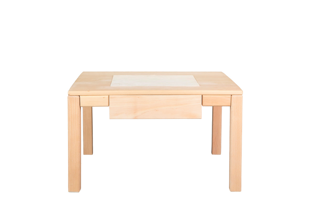 Wooden multifunctional LEGO table with storage drawers and a buildable surface for creative play.