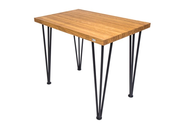 Scandinavian-style hairpin oak desk with a clean design, natural wood finish, and sleek metal legs for a modern look.