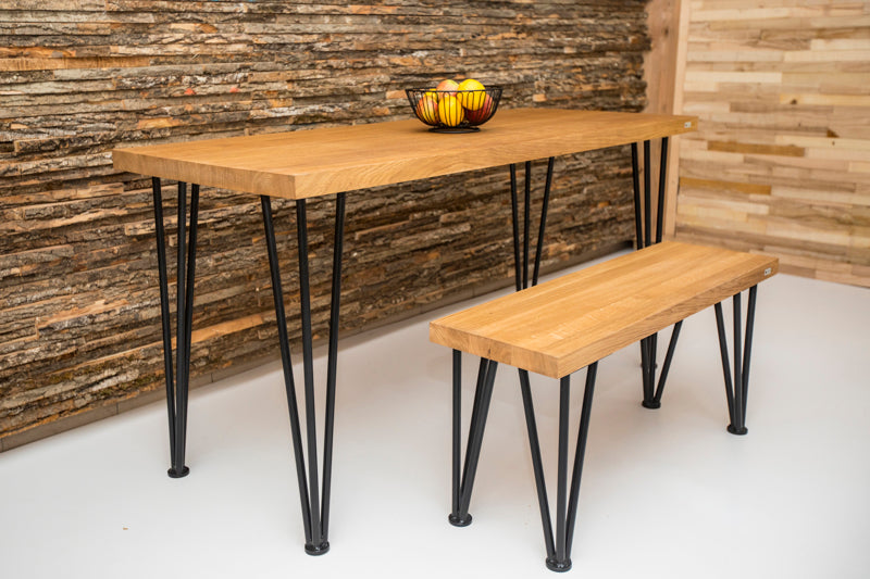 Scandinavian-style hairpin oak dining table with a clean design, natural wood finish, and sleek metal legs for a modern touch.
