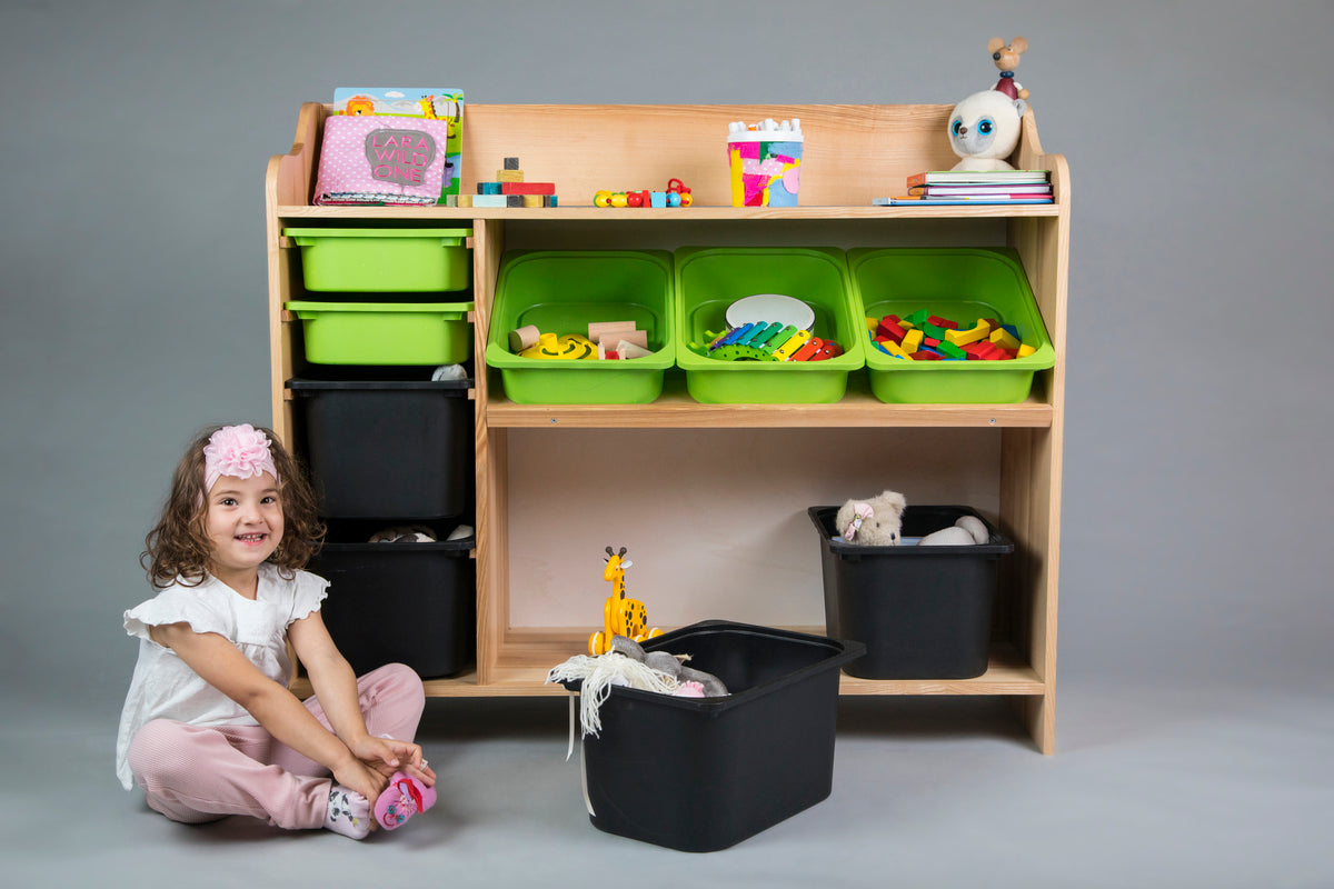 Toy storage organizer with multiple compartments for neat and easy storage in a child's playroom.