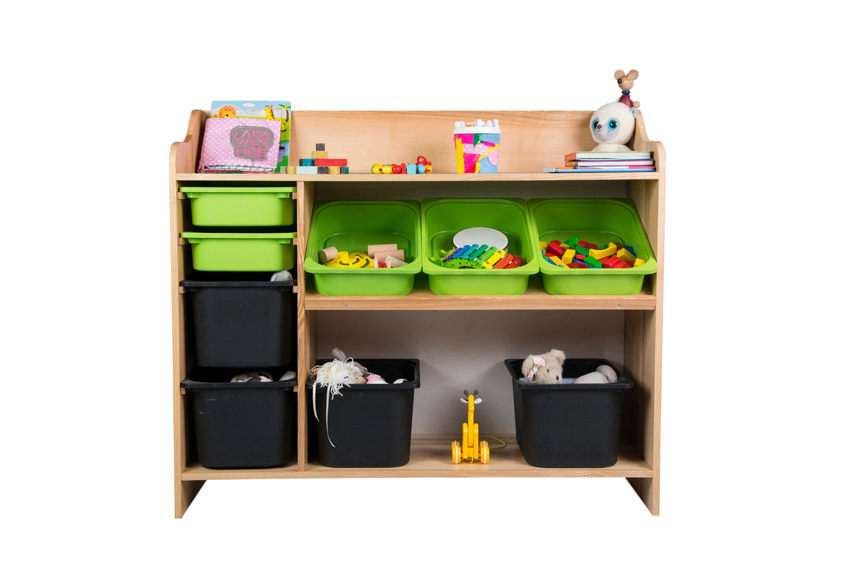 Toy storage organizer with multiple compartments for neat and easy storage in a child's playroom.