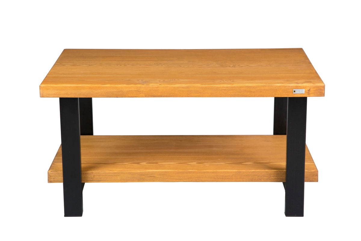 Wooden double decker coffee table with a sleek design, featuring two tiers of storage space and a sturdy wooden frame.