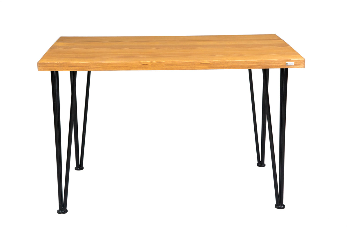 Wooden hairpin dining table with a sleek wooden top and stylish metal hairpin legs, offering a modern, minimalist look.