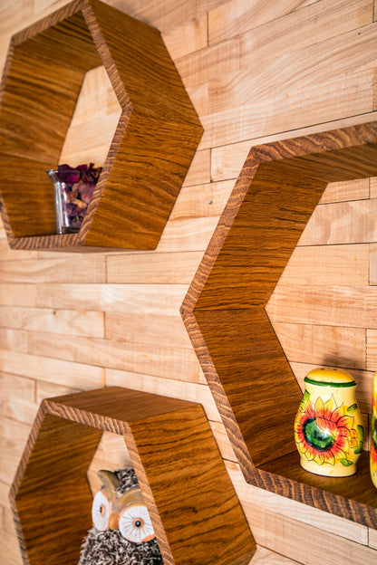 Large Hexagon Floating Shelves in Solid Oak – Set of 3