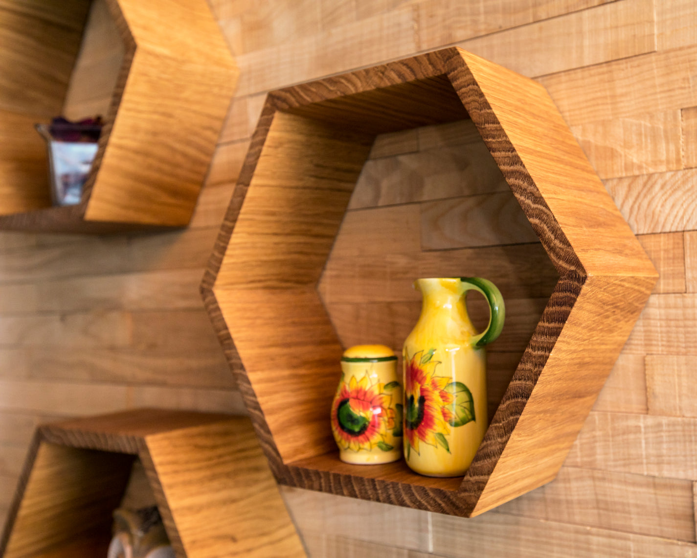 Large Hexagon Floating Shelves in Solid Oak – Set of 3