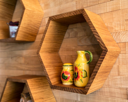 Large Hexagon Floating Shelves in Solid Oak – Set of 3