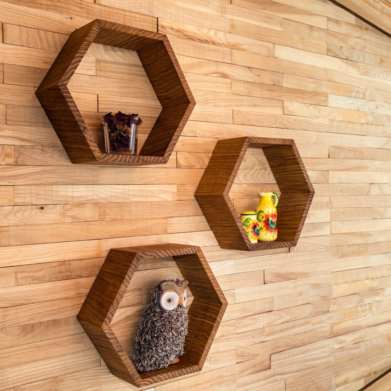 Large Hexagon Floating Shelves in Solid Oak – Set of 3