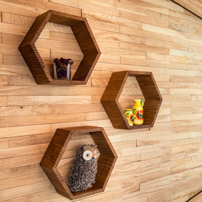 Large Hexagon Floating Shelves in Solid Oak – Set of 3