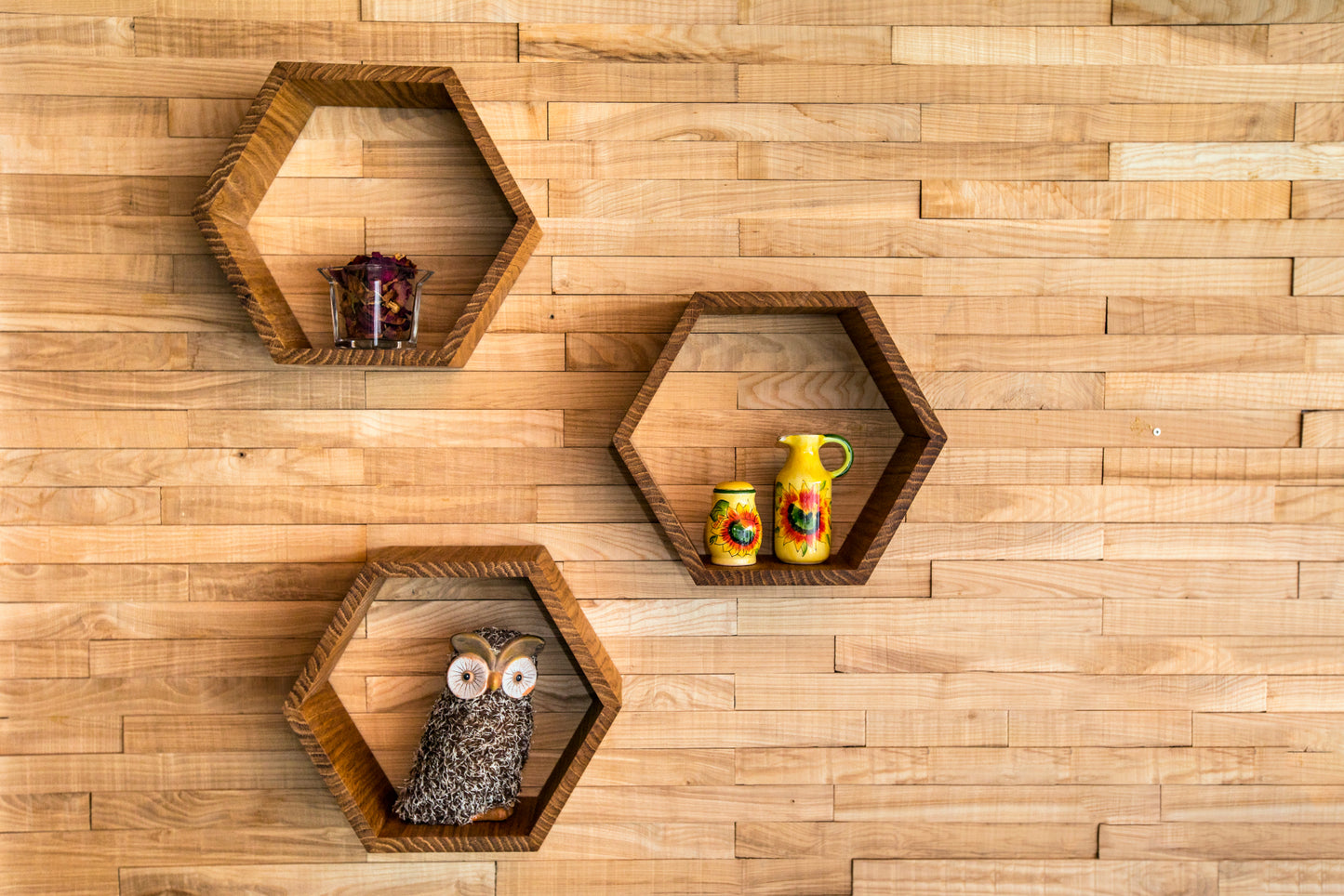 Large Hexagon Floating Shelves in Solid Oak – Set of 3
