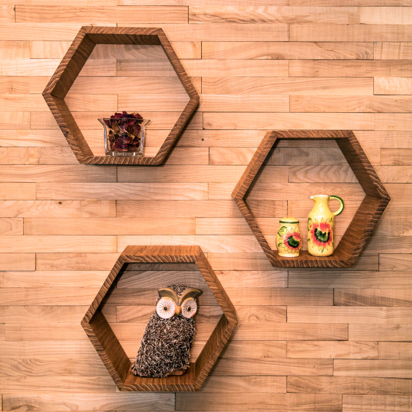 Large Hexagon Floating Shelves in Solid Oak – Set of 3
