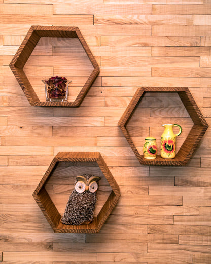 Large Hexagon Floating Shelves in Solid Oak – Set of 3