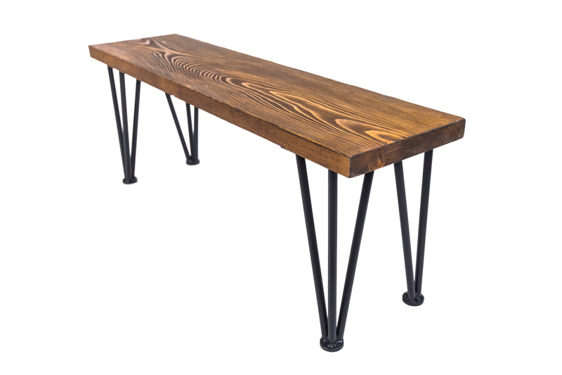 Brown Hairpin Spruce Bench featuring a sleek wooden seat with hairpin metal legs, offering a modern and stylish look