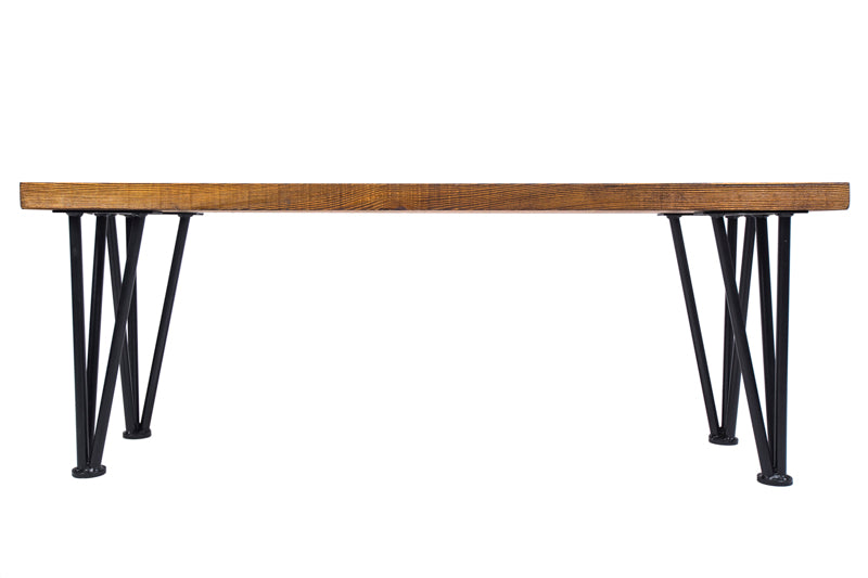 Brown Hairpin Spruce Bench featuring a sleek wooden seat with hairpin metal legs, offering a modern and stylish look
