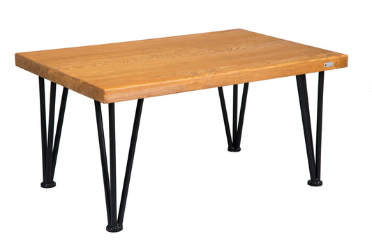 Hairpin spruce coffee table with a natural wood surface and stylish metal legs for a contemporary look.