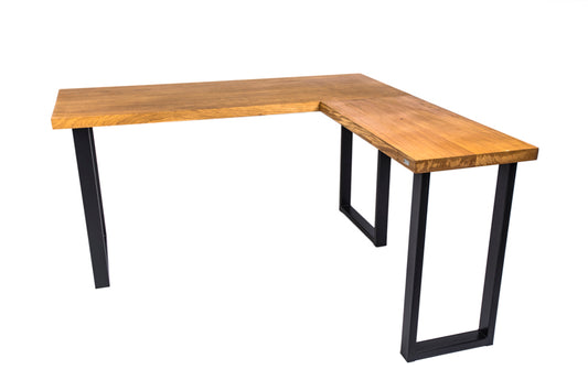 Industrial style corner office desk with a metal frame and wooden top, featuring a minimalist design and spacious work surface.