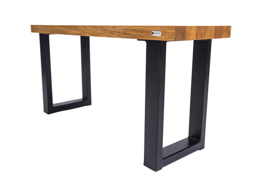 Industrial style oak bench with a rugged wood seat and metal frame, offering a blend of rustic charm and modern design.