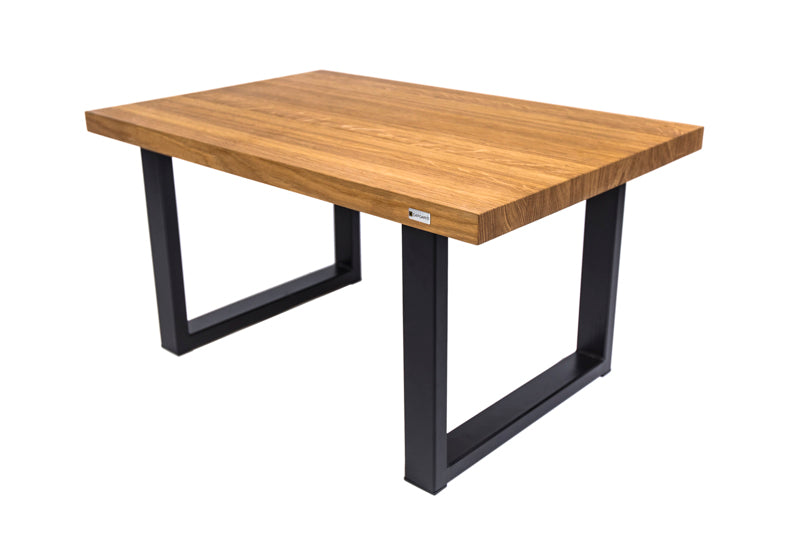 Industrial style oak coffee table with a natural wood surface and metal frame, offering a rustic yet modern look.