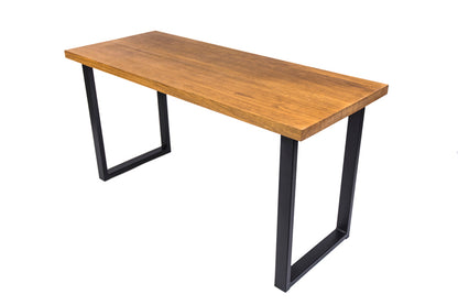 Industrial style oak dining table with a sturdy wood surface and metal frame, blending rustic and modern design elements.