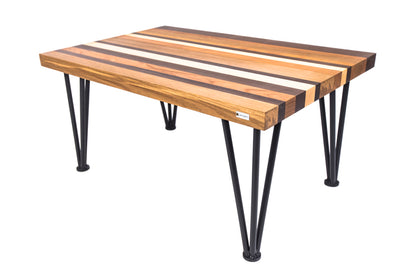 Multi-color hairpin coffee table with vibrant hues and sleek metal legs, adding a bold, modern touch to any living room.