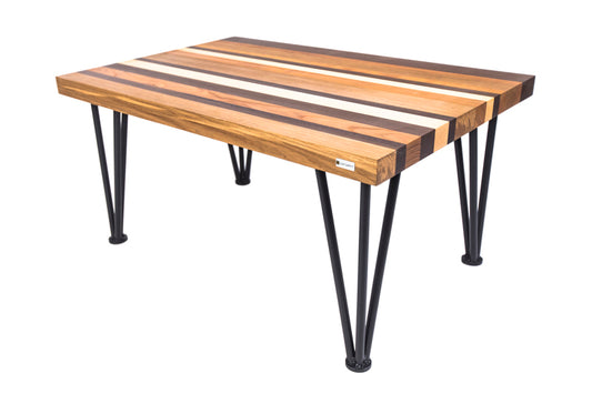 Multi-color hairpin coffee table with vibrant hues and sleek metal legs, adding a bold, modern touch to any living room.