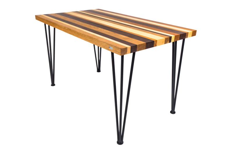 Multi-color hairpin dining table with a vibrant design and sleek metal legs, adding a bold touch to any dining space.