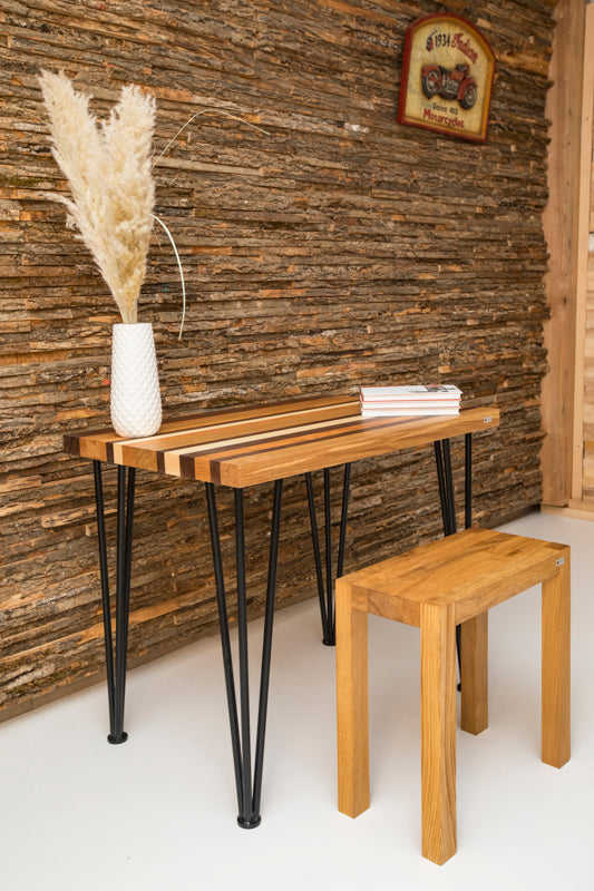 Multi-color hairpin desk with a vibrant design and sleek metal legs, perfect for a lively and modern workspace.