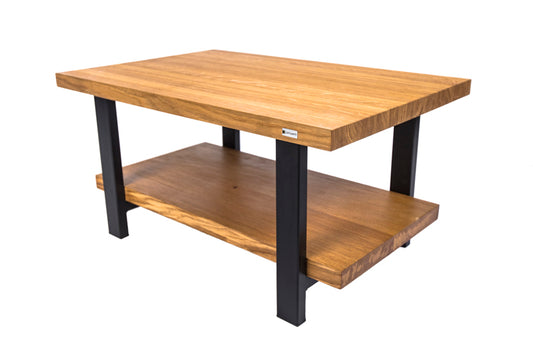Oak double-decker coffee table with two levels for storage and a sleek, natural wood finish for a modern look.