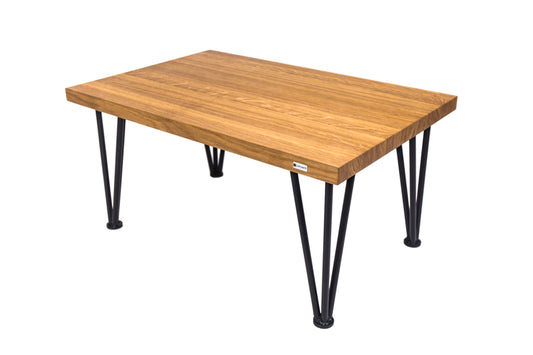 Scandinavian hairpin oak coffee table with a minimalist design, natural wood surface, and sleek metal legs for a modern look.