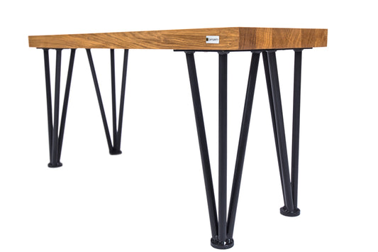Scandinavian-style hairpin oak bench with a minimalist design, natural wood finish, and sleek metal legs for a modern touch.