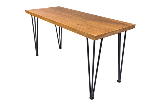 Scandinavian-style hairpin oak dining table with a clean design, natural wood finish, and sleek metal legs for a modern touch.