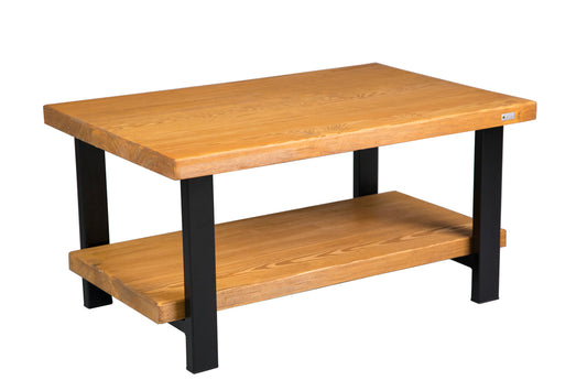 Wooden double decker coffee table with a sleek design, featuring two tiers of storage space and a sturdy wooden frame.