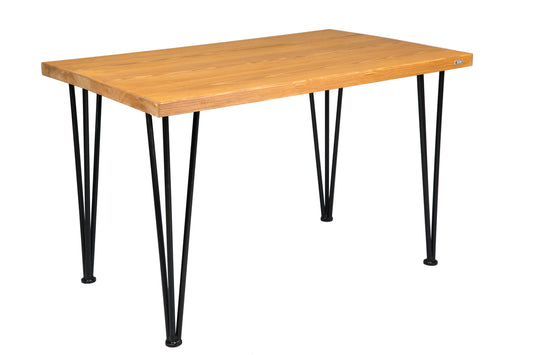 Wooden hairpin dining table with a sleek wooden top and stylish metal hairpin legs, offering a modern, minimalist look.